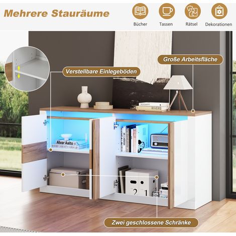 Sideboard 140x35x70cm aus MDF mit 4 Türen & RGB LED Beleuchtung, Hochglanz Weiß Eiche Optik Kommode mit verstellbaren Einlegeböden, App- und Sprachsteuerung Schrank für Wohnzimmer Esszimmer (1/5)