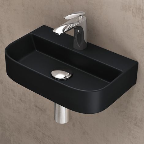 doporro® lavabo sobre encimera lavabo suspendido cerámica negro mate 380x235x80 mm lavabo suspendido para aseo de invitados Brüssel003