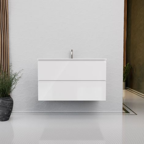 Inda - Badezimmerschrank B.100 mit glänzendem Waschbecken / Hochglanzweiß 2 Schubladen - Rubin