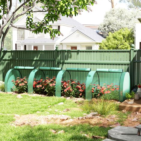 Mini serre de jardin serre à tomates 4 x 1 x 0,80 m acier PE anti-UV 4 portes avec zip enroulables vert