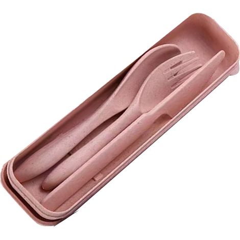 Set de couverts en paille de blé moderne, fourchette cuillère couteau, boîte de rangement, rose, pour bureau école pique-nique (1/5)
