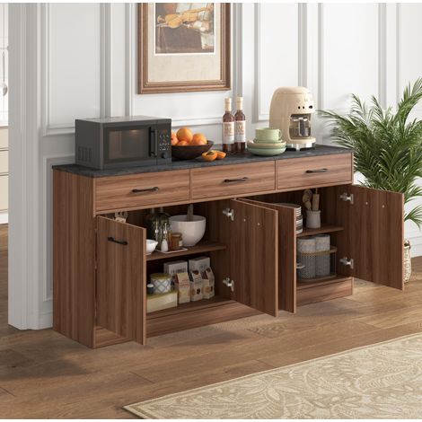 MODFU – Buffet cuisine 160 cm MDF noyer – 3 tiroirs et étagères réglables – Plateau aspect béton – Noyer (1/5)