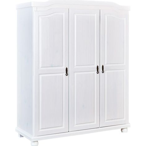 Altobuy – Armoire 3 portes penderie en pin massif vernis blanc – Dimensions 150 x 56 x H180 cm – Système de fermeture softclose intégré (1/5)