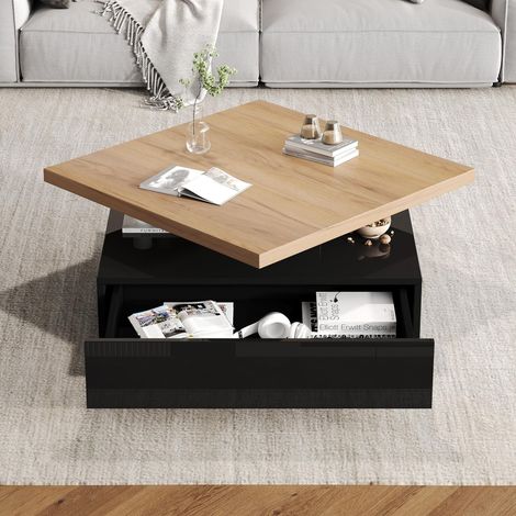 Table basse carré - 70x70x36cm - Plateau pivotant à 360° - 2 niveaux - espace intégré - finition bois naturel et noir (1/5)