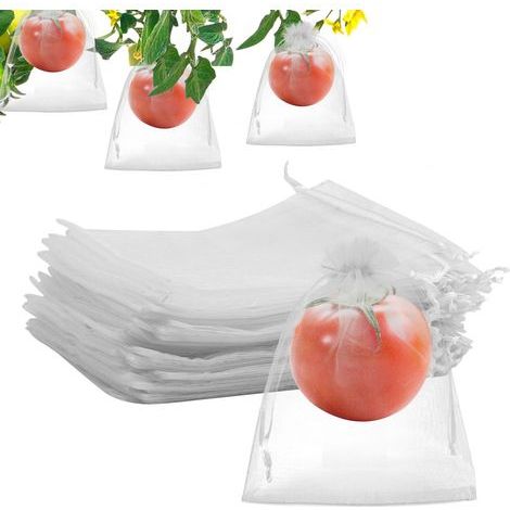 100pcs Sacs de Protection pour Fruits, Filets à Cordon de Serrage Réutilisables Antiparasitaires pour Tomates Myrtilles Petits Fruits et Légumes du Jardin (Blanc) (1/5)
