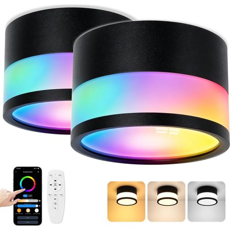 2x Spot LED Surface Dimmable RGB, IP65 Plafonnier Spot avec Télécommande APP, 12W Spots de Plafond Noir 2700K-6500K Spot Plat Surface Aluminium 220V Rond Plafonnier Salle de Bain, Ø109mm (1/5)