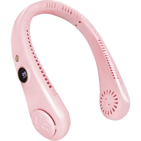 Ventilateur de cou rechargeable USB, 5 vitesses, sans pales, flux d'air à 360°, rose, pour hommes et femmes. (1/4)
