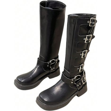 Bottines motard femme Y2K à talon bloc, tige montante mi-mollet, bout carré, boucles fashion, largeur mollet ample, cuir vegan, chaussures rétro tendance pour look urbain (1/5)