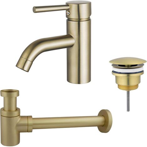 Fortifura Calvi Kit mitigeur lavabo - robinet bas - bonde non-obturable - siphon design bas - PVD Laiton brossé