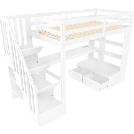 Cama alta 90x200 blanca con escritorio, estantes, 2 cajones y escalera de almacenaje (1/5)