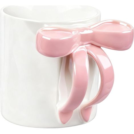 Tasse à café rose de 350 ml avec nœud, tasse en porcelaine mignonne, adaptée au café ou au thé, tasse en céramique avec nœud et oreille (1/5)