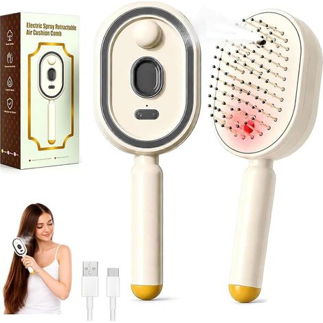 3 en1 Brosse Vapeur Électrique,Peigne de Massage Électrique à Coussin d'Air avec Spray et Lumière Rouge, Brosse Brumisatrice Rechargeable USB Lissant Portable pour Tous Types de Cheveux (1/5)