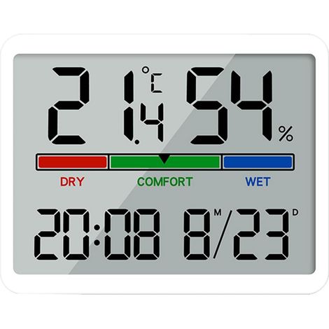 Digitales Innenthermometer und Hygrometer mit Zeit- und Datumsanzeige, Temperatur- und Feuchtigkeitsmesser für Innenräume, Weiß