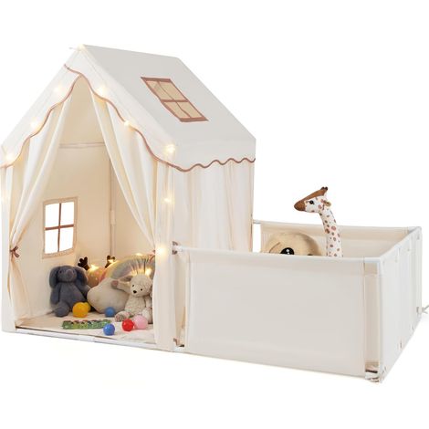 COSTWAY Tente Enfant Interieur 2 en 1 avec Parc, Cabane Enfant Interieure avec Tapis en Coton Lavable, Lumières Étoilées, Rideaux de Porte, Fenêtres, pour Garçons et Filles de 3+ Ans (Beige)
