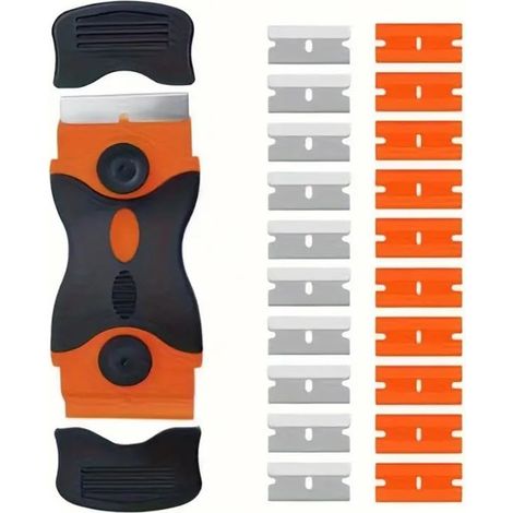 Lot de 21 grattoirs à lame de rasoir, grattoir en plastique avec 10 lames de rasoir en plastique et 10 lames métalliques, grattoir de rasoir pour table de cuisson, papier peint ou outil en verre (1/5)