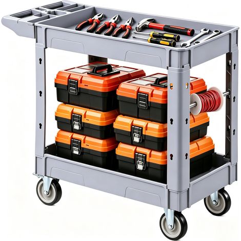 Chariot d'Atelier Max. 250 kg Chariot de Service en PP à Roulettes, 2 Niveaux, 2 Roues Fixes et 2 Roulettes Pivotantes avec Frein, Plateaux de Rangement, pour Garage, Atelier et Entrepôt, Gris (1/5)
