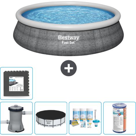 Piscine gonflable ronde Bestway à réglage rapide - Imprimé rotin - 457 x 84 cm -  Comprend des Accessoires CB13 (1/5)