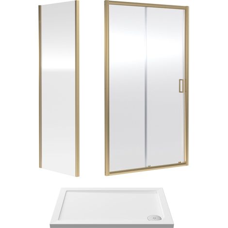 Balterley Sliding Shower Door Suite: 6mm Safety Glass Sliding Door, Side Panel & Resin Shower Tray, 1000 x 700mm, Brushed Brass (1/3)