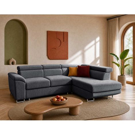 Baoji - canapé d'angle droit 5 places convertible avec têtières et coffre en velours côtelé - gris