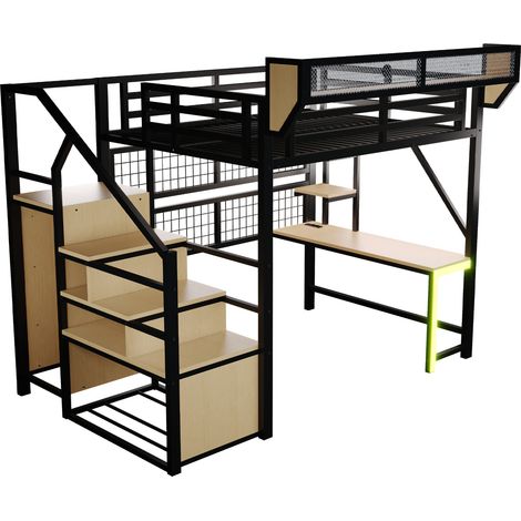 Metall-Hochbett 140 x 200 cm schwarz mit Schreibtisch, Regalen, LED und Steckdose (1/5)