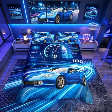 Parure de lit 200 x 200 cm, motif voiture de course pour enfants, garçons et filles, housse de couette pour enfants, garçons et filles, housse de couette avec 2 taies d'oreiller, bleu (1/3)
