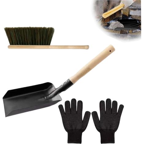 Lot de 3 pelleteuses à cendres et brosse avec poignée, kit de nettoyage de cheminée avec gants résistants à la chaleur, pelle résistante au feu à long manche pour cheminée, barbecue et utilisation en (1/5)