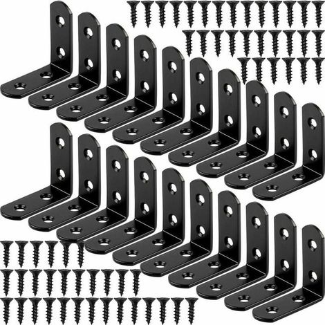 Lot de 20 équerres d'angle en acier inoxydable 40x40mm, support en L à 90 degrés pour meuble, étagère et cadre, noir (1/4)