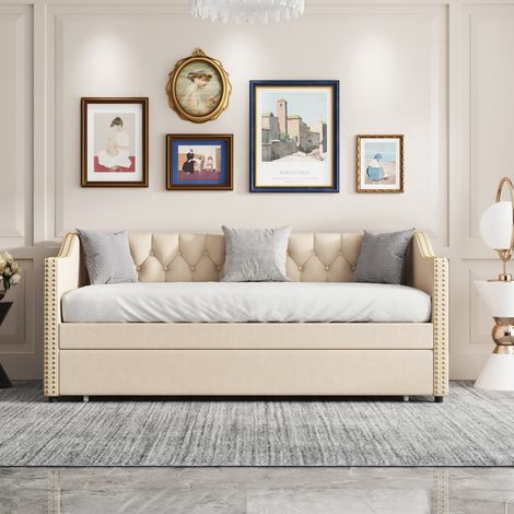 Canapé lit extensible 90/180x200 cm,lit 2 Places gigogne,Sommier à Lattes,Cadre de Lit convertible,Tissu en lin,Beige (1/5)