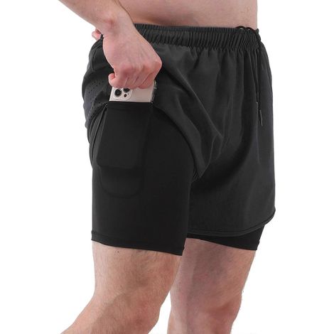 Sportshorts für Herren mit integriertem Slip, 2-in-1-Taschen, schnelltrocknend, ideal zum Laufen und Radfahren, schwarz. (1/5)