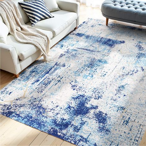 Tapis Salon, 1,5 x 2,1 m, Grand Tapis Chambre Lavable Antidérapant, Poils Courts et Denses, Résistant aux Griffures Animaux, Doux Confortable, Style Moderne, pour Chambre, Bureau, Entrée, Bleu (1/5)