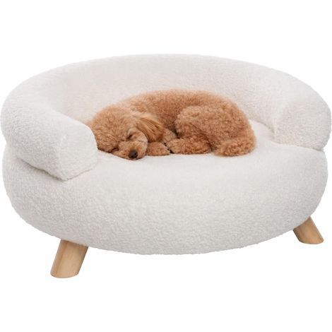 Panier Chien - Panier Chat - canape Chien - Deteno - Sofa - Ronde - Blanche - 54x54x27 cm - Textile et Bois - pour Petits Chiens et Chats - Pieds en Bois (1/5)