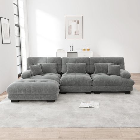 Canapé d'angle modulable luxueux - Canapé nuage surdimensionné en forme de L pour salon, canapé-lit profond avec pouf, velours côtelé, gris chenille