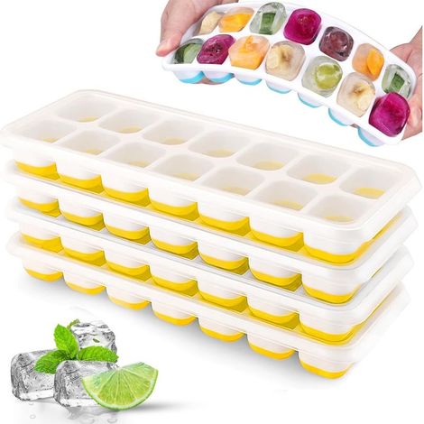 4 bacs à glaçons en silicone avec couvercle, 14 compartiments par bac, empilables, démoulage facile, pour congélateur (1/5)
