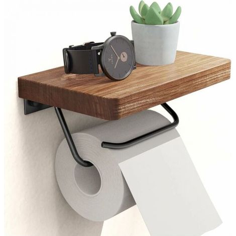 Toilettenpapierhalter im Landhausstil mit Ablage fürs Badezimmer. Rustikaler Toilettenpapierhalter. Wandmontage. Rostfrei. Verstellbar. Leicht zu entfernen. Walnuss-Finish. (1/4)