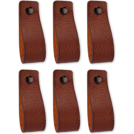 6 poignées de tiroir en cuir, 2 x 6 cm, finition naturelle, pour commode et meuble, aspect industriel (1/5)