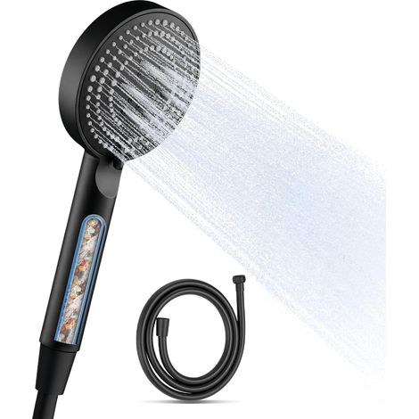 Pommeau de Douche avec Tuyau de 1.6m, 6 Modes Pommeau Douche Anti Calcaire Multi-niveaux, Douchette Haute Pression, Economie Deau, pour Eau Dure, Léger et Maniable, Noir (1/5)