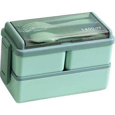 Boîte à bento verte à deux compartiments avec séparateur, en plastique de qualité alimentaire, compatible micro-ondes, idéale pour les pique-niques. (1/5)