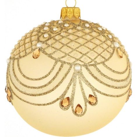 Pallina per albero di Natale in vetro color champagne con motivi floreali beige da 10 cm (1/4)