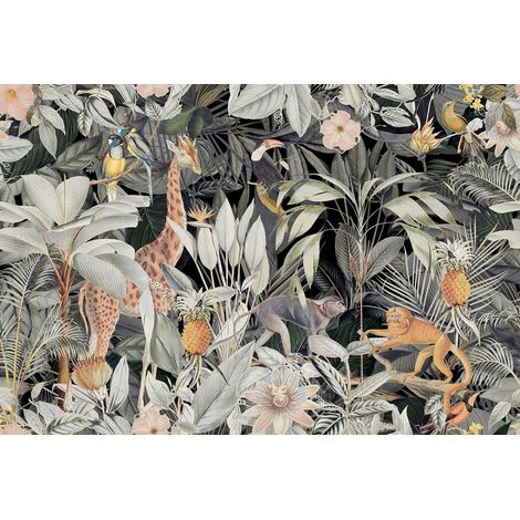 Papier peint panoramique jungle gris & vert pastel Tapisserie panoramique girafe & oiseaux pour chambre Papier peint panoramique animaux exotiques (1/2)