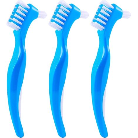 Juego de 3 cepillos de limpieza para prótesis dentales, doble cabezal, punta de precisión, cepillo ergonómico para prótesis dentales, retenedores y alineadores. (1/5)