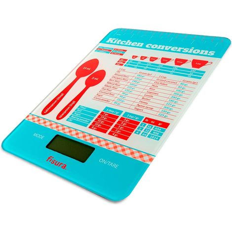 FISURA - Bilancia digitale da cucina "misure da forno". Bilancia elettronica originale 5kg/11lbs. Bilancia alimentare multifunzione. Vetro e ABS. 15 x 22 (1/4)