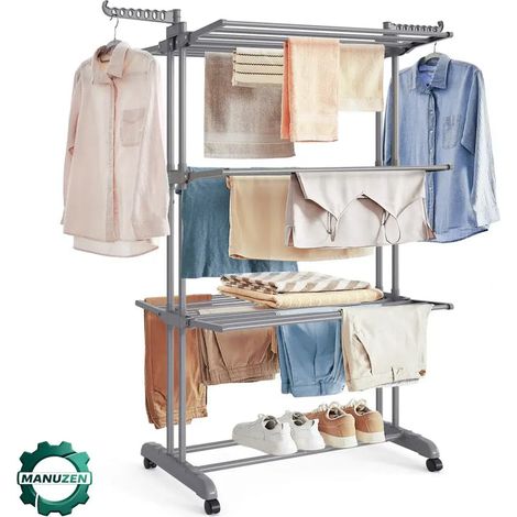 Manuzen Étendoir À Linge Pliable Avec Roulettes 4 Niveaux Grande Capacité (1/2)