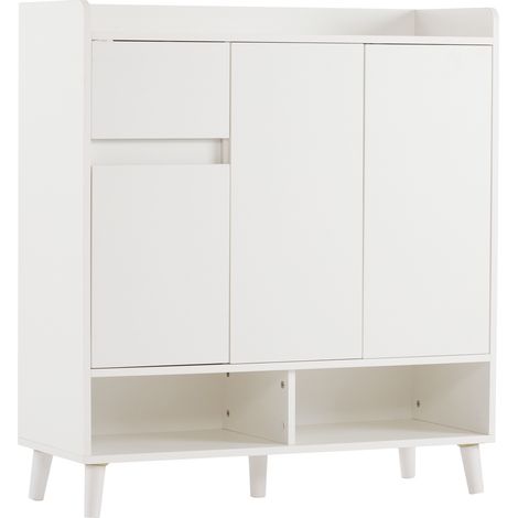 Zapatero blanco con estantes ajustables, patas de madera y diseño sin tiradores 90 x 35 x 99 cm (1/5)
