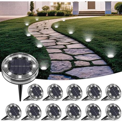 Lot de 12 Lampe Solaire Au Sol, 8 LED Lumiere Solaire Exterieur Jardin IP68 Étanche, Spot Solaire Extérieur pour Chemins Pelouse Terrasse Allée Cour Piscine Passerelle, Blanc Froid (1/5)