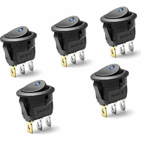 Interrupteur à bascule rond DC 20A 12V avec indicateur LED bleu, adapté aux applications automobiles et marines. (1/4)