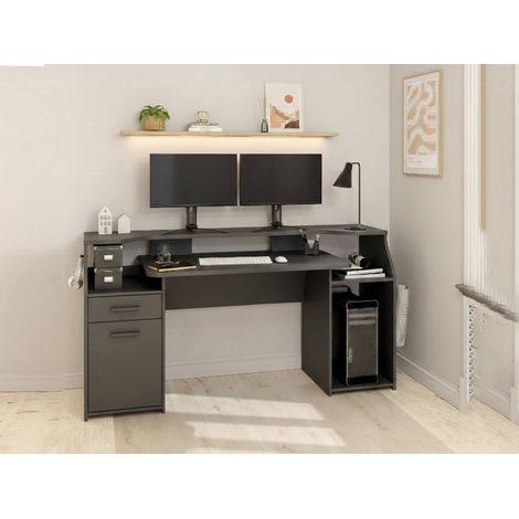 Dmora - Escritorio Mezzani, mesa de trabajo con 1 puerta y 1 cajón, ideal para oficina y gaming, 171x62 h89 cm, Gris (1/5)