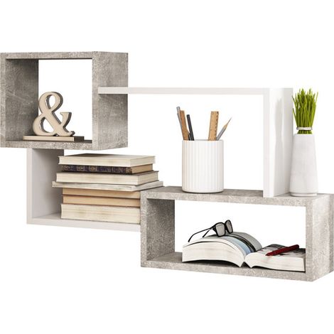 Selsey KASSI - Mensola a cubo / Scaffale Murale / Mensole a Partete / Ripiani in Stile MInimalista / Pannello Sospeso / Mensole a Muro in Stile Scandinavo (Grigio Cemento / Bianco)