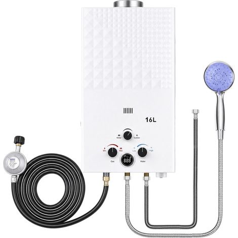 Gas-Durchlauferhitzer – Propan-Durchlauferhitzer für Camping und Outdoor-Einsatz, 16 Liter Fassungsvermögen, Durchflussrate 4,23 Gallonen/Minute, maximale Wassertemperatur 65 °C, mit Digitalanzeige (1/5)