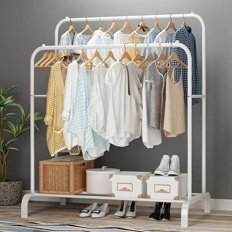 Porte Manteau Portant à Vêtements Penderie Cintre Tiges Double avec Etagère de Rangement Chaussures Blanc (1/5)