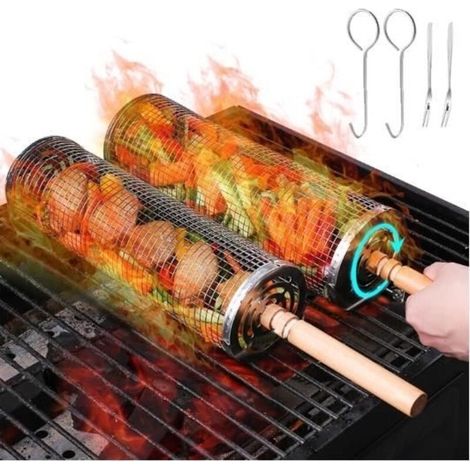 Rolling Lot de 2 paniers de barbecue pour barbecue extérieur, légumes, support de barbecue pour frites, viande, poisson, crevettes (1/4)